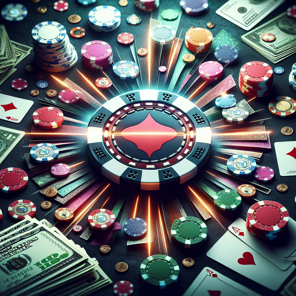 Casino chip surrounded by currency notes and playing cards, with a streak of light emphasizing the allure of high bonuses in online gambling.